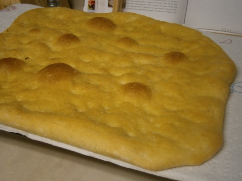 This is the one I did not overbake, and it still came out kinda flat and crispy, not puffy and airy the way focaccia should be.